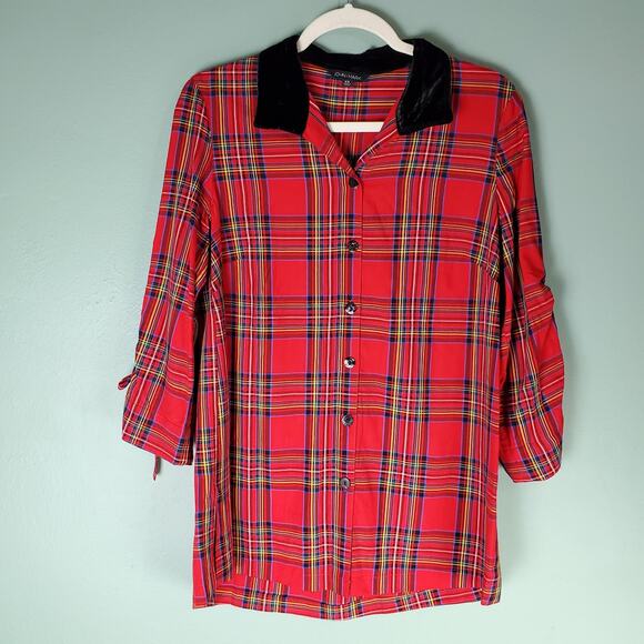 John Mark Womens Red Plaid Button Up Velour Tunic Top Size XS - Picture 1 of 8